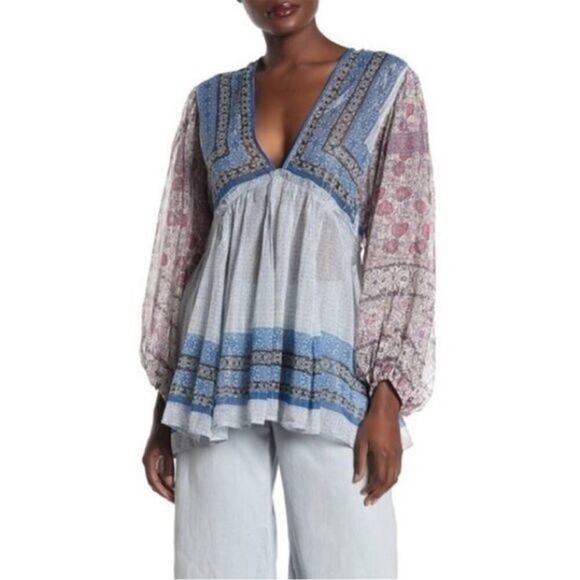 Free People Bohemian Aliyah Printed Long Sleeve Sheer Tunic Top (S) - Picture 3 of 16